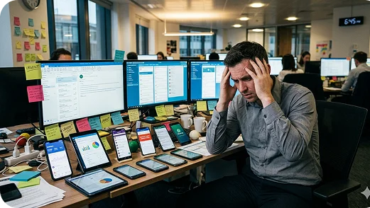 Agitated person juggling apps